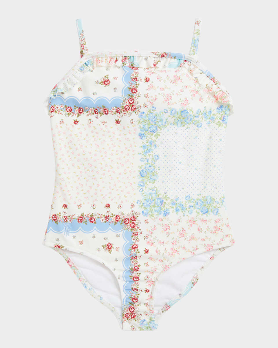 Girl's Floral-Print Patchwork Swimsuit, Size 2-